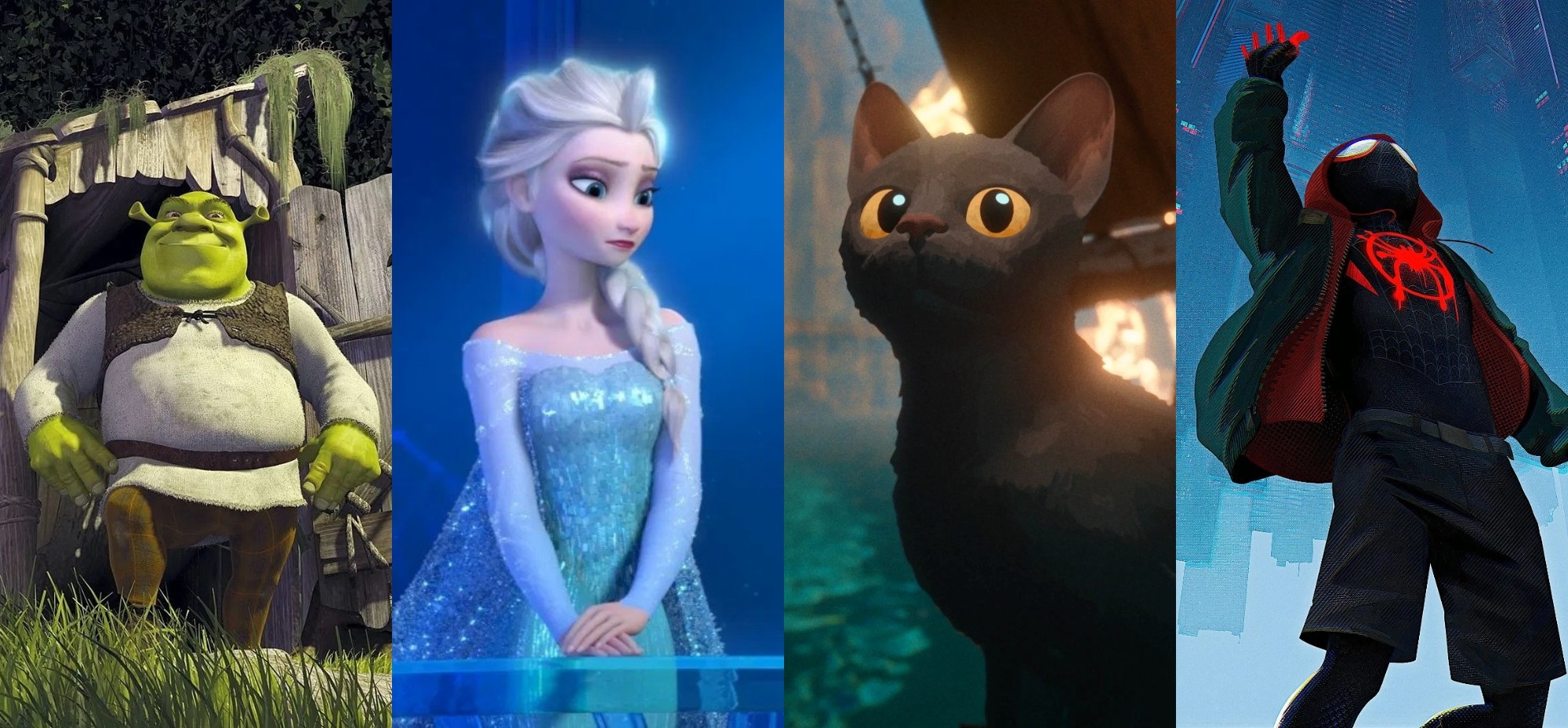 Shrek, Elsa, Flow, Homem-Aranha (Reprodução/TMDB)