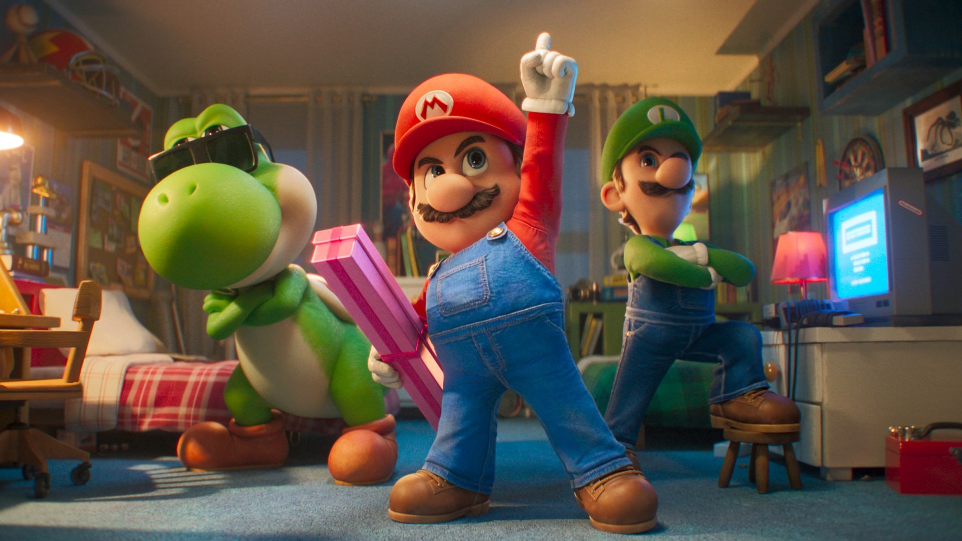 Yoshi, Mario e Luigi em Super Mario Galaxy: O Filme (Divulgação/Universal Pictures)