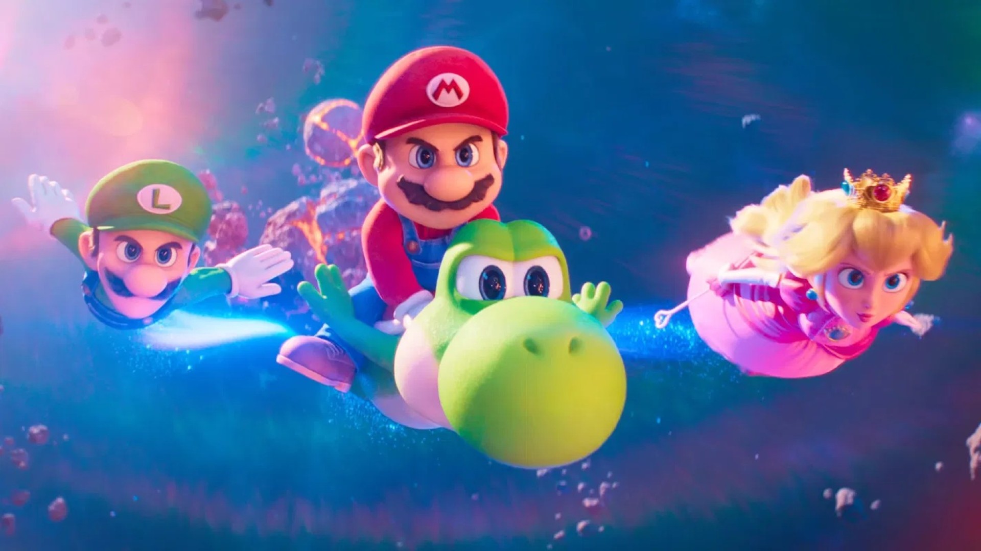 Luigi, Mario, Yoshi e Peach em Super Mario Galaxy: O Filme (Reprodução/Universal Pictures)