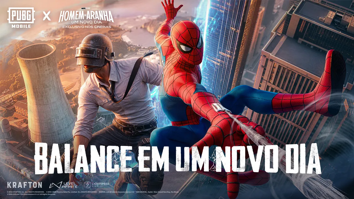 Personagem de PUBG MOBILE utilizando habilidades do Homem-Aranha durante evento especial inspirado em Homem-Aranha: Um Novo Dia.